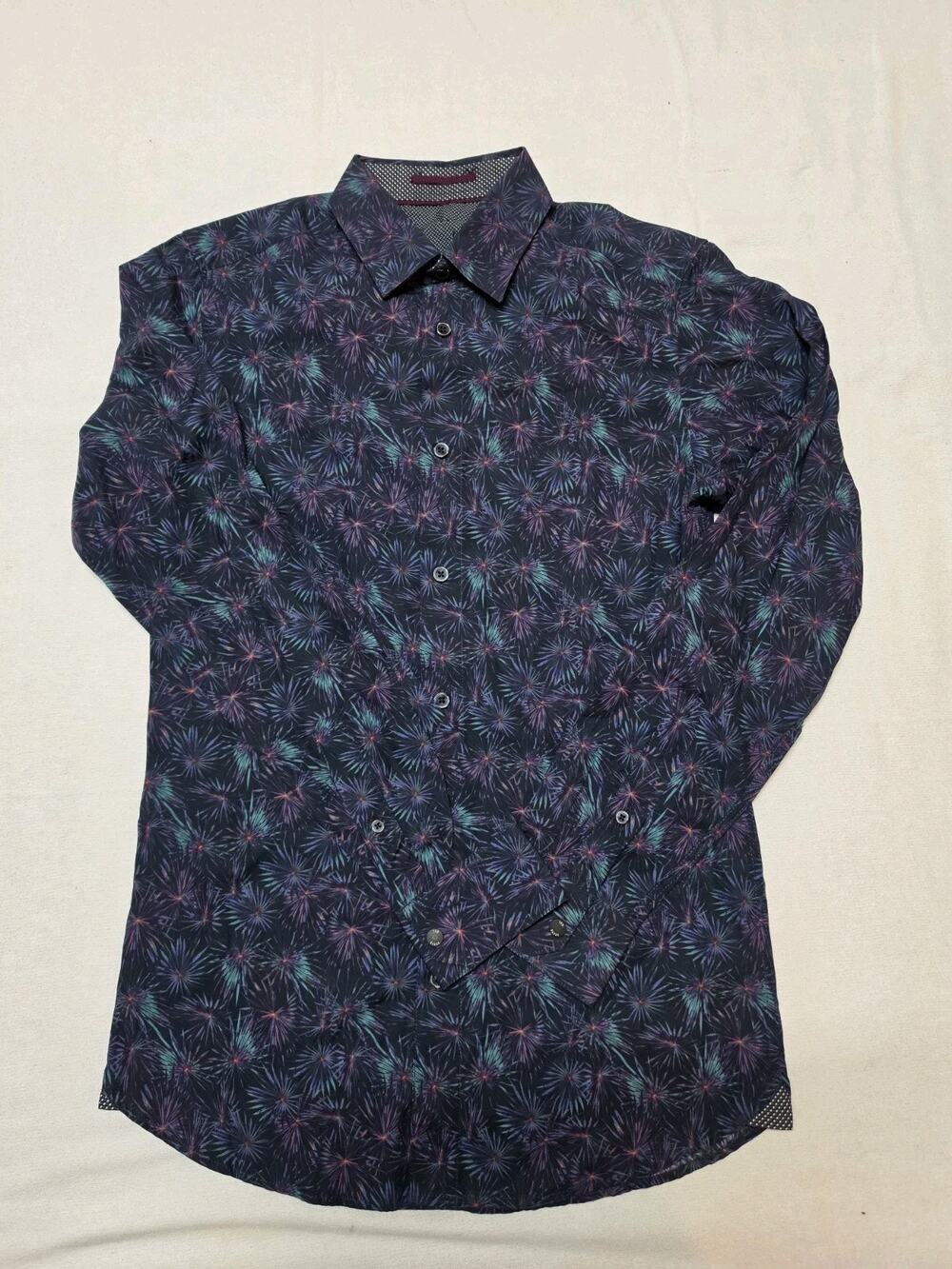 Ted Baker Men’s 38/40 Large Navy Floral Firework Print Long Sleeve Button Shirt